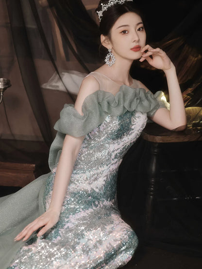 Fishtail evening dress skirt women's high-end sense light luxury niche high-end celebrity sexy host annual meeting one-word shoulder autumn