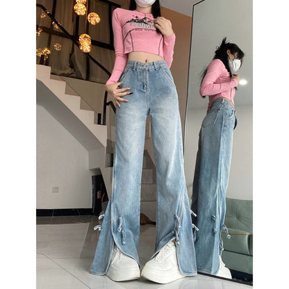 maoxiangshop 2000s fashion Retro High Waist Split Jeans for Women Spring and Autumn Trendy Ins New Slimming Wide Leg Pants