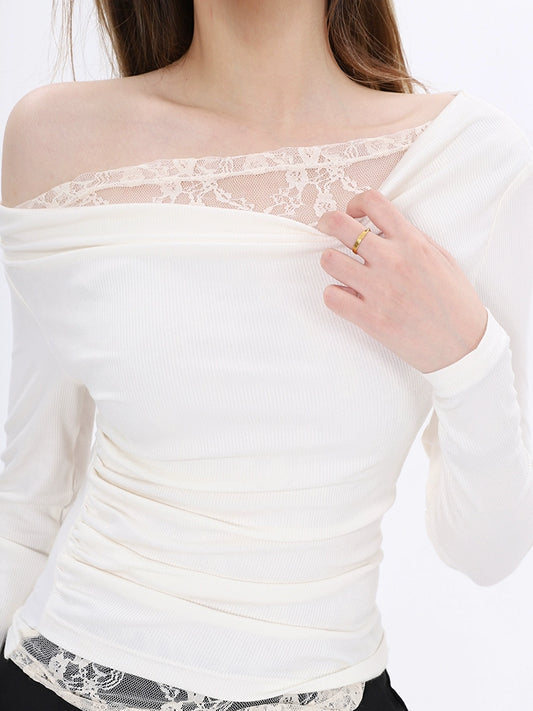 autumn popular pure desire sexy top female 2025n Spice Girl temperament slim lace slanted shoulder long sleeve T-shirt