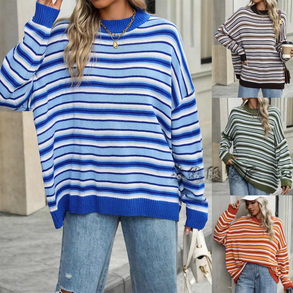 MAOXIANGSHOP New  autumn and winter new 2025 knitted  striped knitted sweater women's large size round neck pullover women's