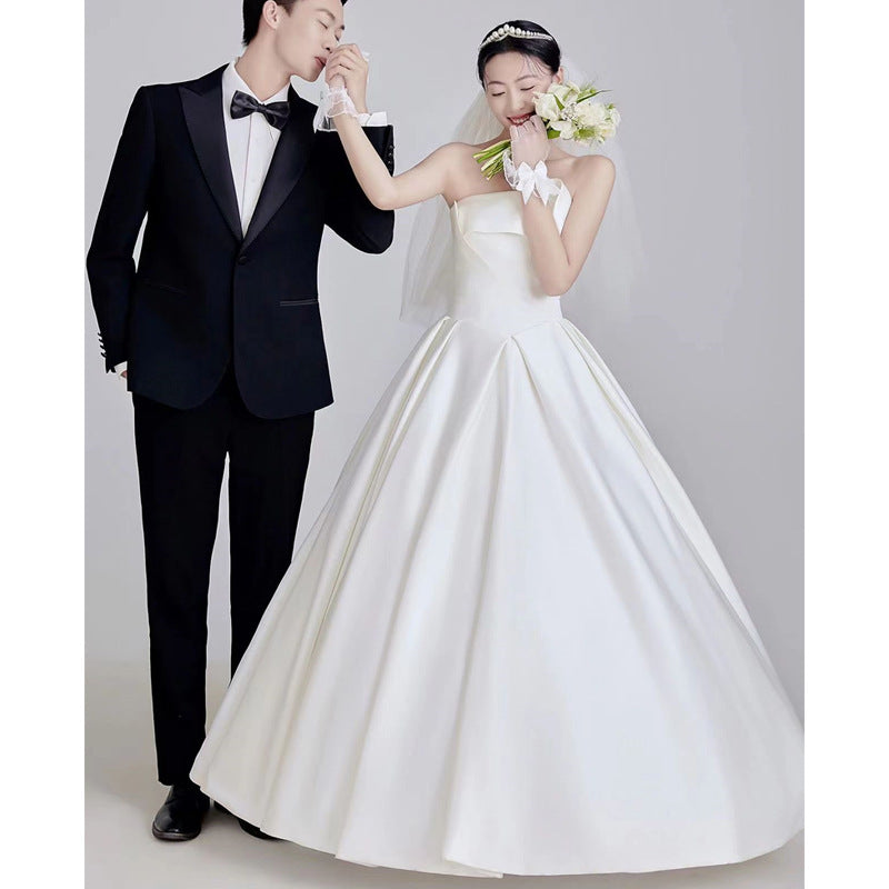 2025main wedding dress  temperament satin bubble sleeves wedding photography theme dress banquet long light wedding dress