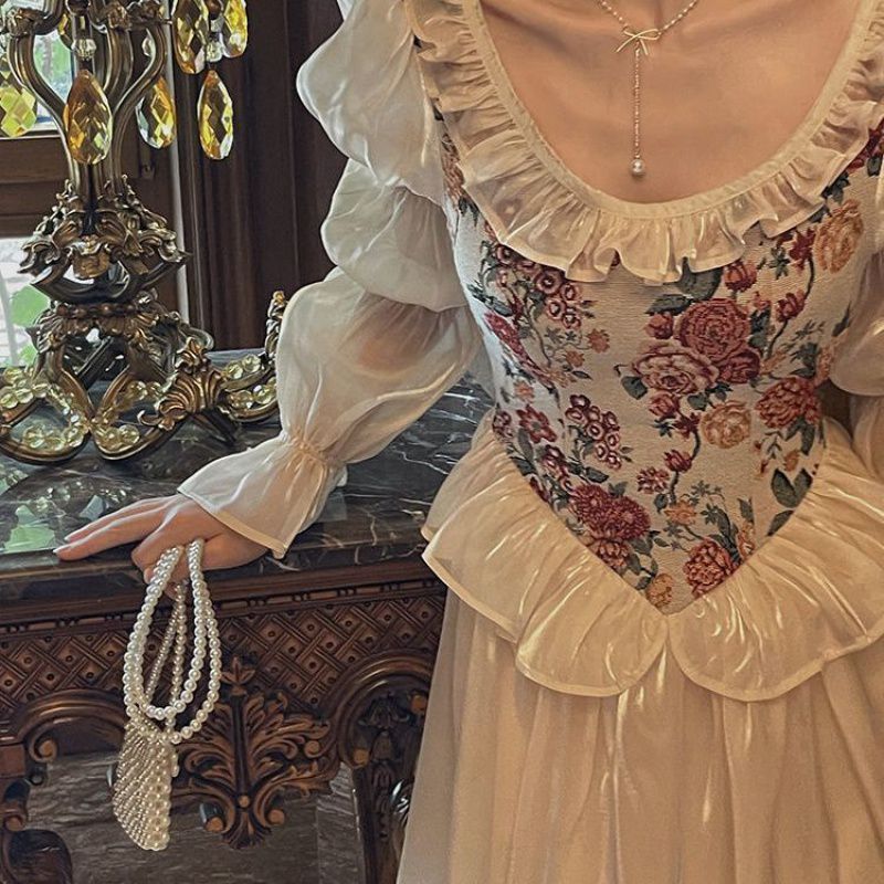 maoxiangshop cybergoth dress to impress Fall 2024 New French Retro Court Style round Neck Bubble Long Sleeve Princess Dress Fairy Dress for Women
