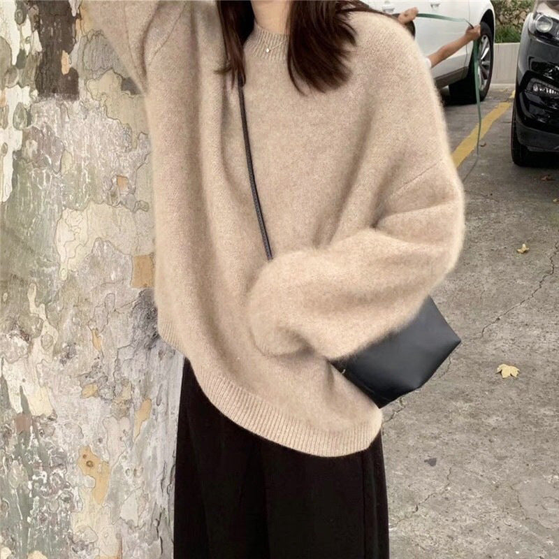 maoxiangshop 2000s fashion Women's Faux Mink Velvet Sweater Autumn and Winter Loose Soft Glutinous Lazy Wind Outerwear Mohair Sweater round Neck Top Thickened