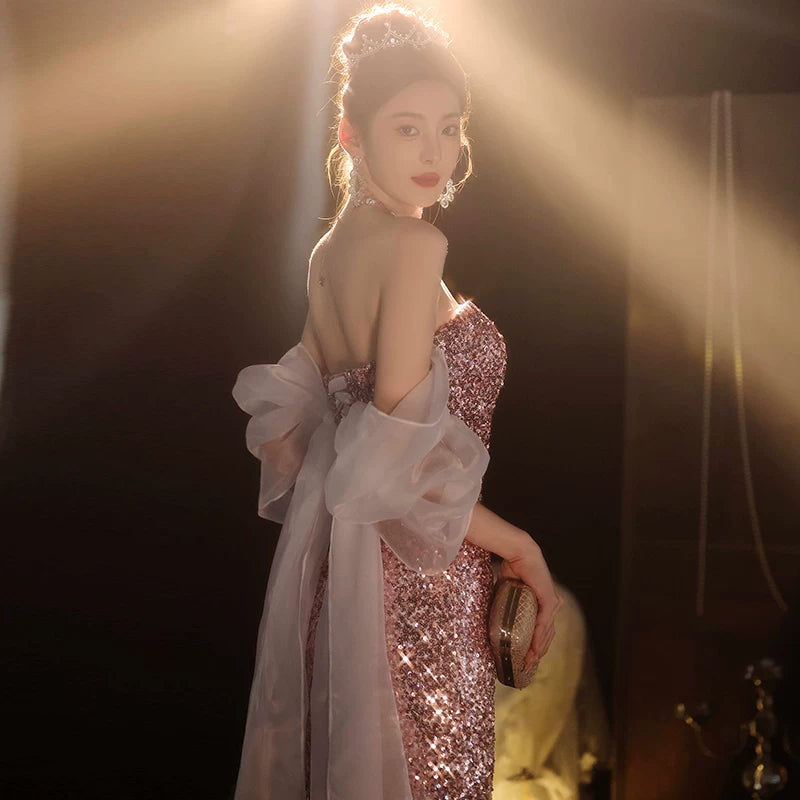Light luxury fishtail evening dress women's high-end high-end sense sequins temperament socialite niche banquet annual meeting long dress pink autumn