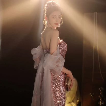Light luxury fishtail evening dress women's high-end high-end sense sequins temperament socialite niche banquet annual meeting long dress pink autumn