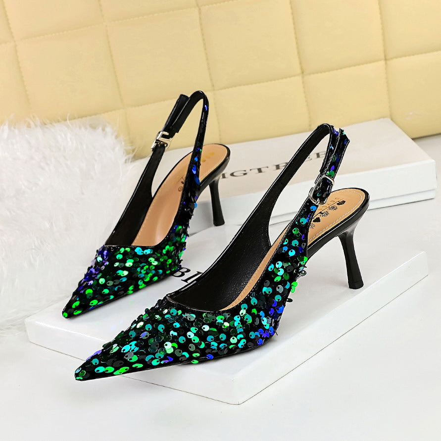 869-A22 2025 style banquet high heels women's shoes rear empty shoes shallow mouth pointed head hollow rear strap sequined single shoes