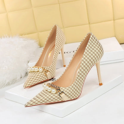 9283-1 2025 style thousand bird grid high heels thin heel high heel shallow mouth pointed pearl chain plaid pattern women's single shoes