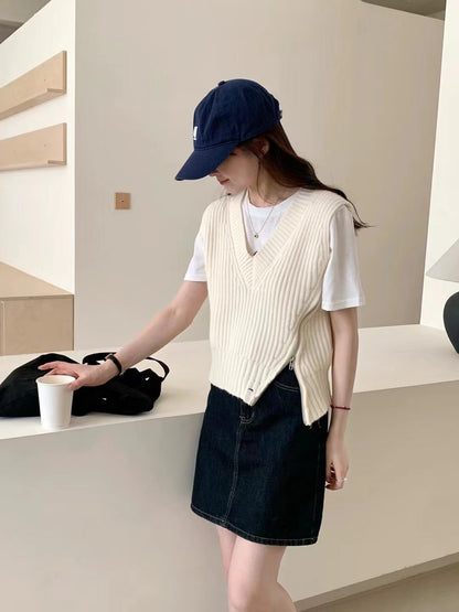 maoxiangshop-shop masc outfits Korean Style New Style Personalized Design Side Zipper V-neck Solid Color Loose Knitted Vest Women's All-Match Knitted Vest