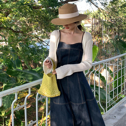 2025 spring and summer new high-waisted retro denim suspender dress high-end long dress children 88216