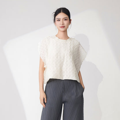 Pleated temperament top women's summer high-end round neck loose meat covering handmade pleated pullover versatile short-sleeved T-shirt