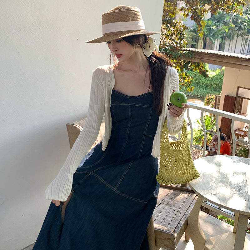 2025 spring and summer new high-waisted retro denim suspender dress high-end long dress children 88216