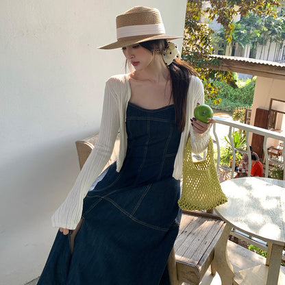 2025 spring and summer new high-waisted retro denim suspender dress high-end long dress children 88216