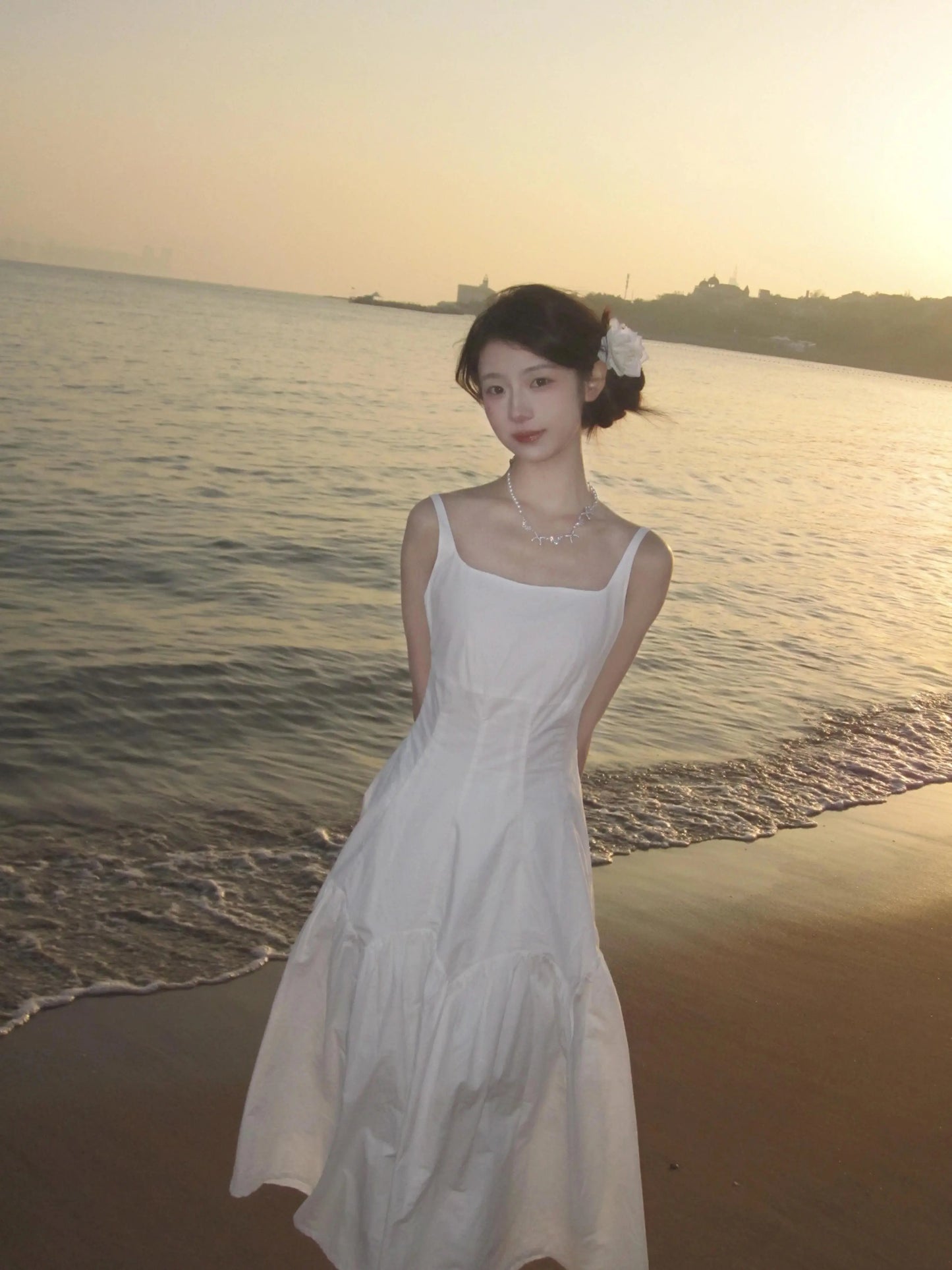 white suspender dress women's summer  new high-end temperament long dress first love dress 12048