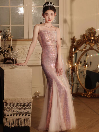 Pink evening dress women's  new host fishtail sequins temperament high-end light luxury niche suspender skirt autumn