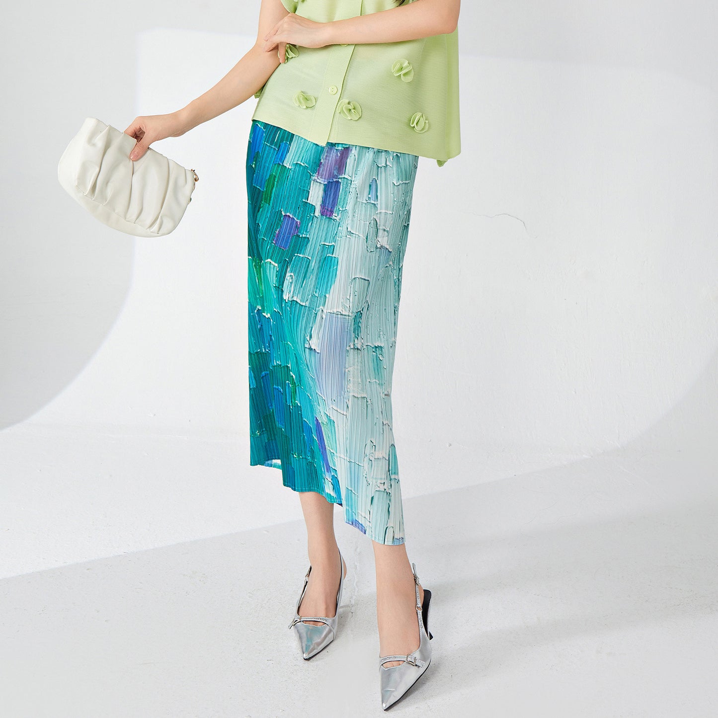 High sense of gradual change pleated skirt temperament elegant high waist hip wrap medium and long design sense after split step skirt