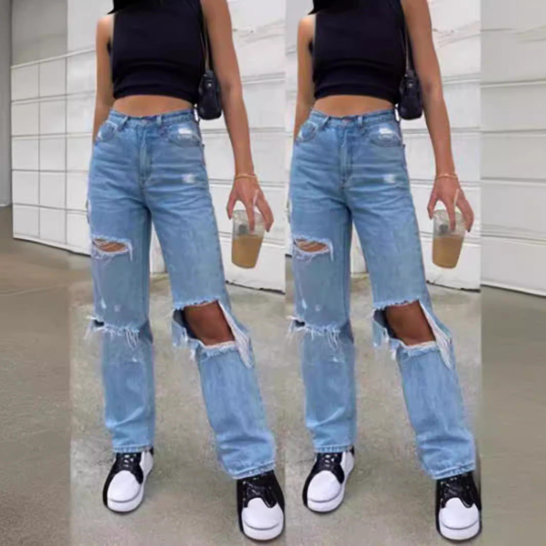 maoxiangshop-shop outfit inspo Women's Ripped Wide-Leg Thin Jeans