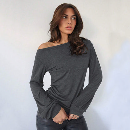maoxiangshop 2000s fashion 2024 Women's Casual Trendy T-shirt Autumn and Winter Fashion All-Match Loose Slimming Oblique Collar Top