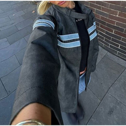 maoxiangshop going out outfits Striped Leather Jacket Coat 2024 Fashionable Women's Autumn and Winter Zipper Long Sleeve Coat