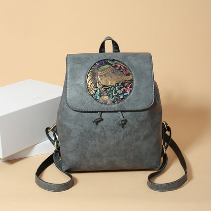 2025 Women's backpack new fashion printed casual women's bag large capacity soft leather retro bag simple shoulder bag women
