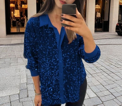 MAOXIANGSHOP 2025 New winter new  independent station 2025 fashion lapel button sequined shirt top women's clothing