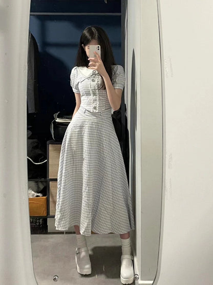 Shanhai "Heart of the Ocean" Summer New Doll Collar Xiaoxiangfeng Short Sleeve Top Plaid Set Skirt Women's Two-piece Set