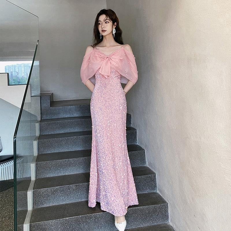 Pink evening dress 2025 new style light luxury niche New fishtail skirt female host graduation adult ceremony