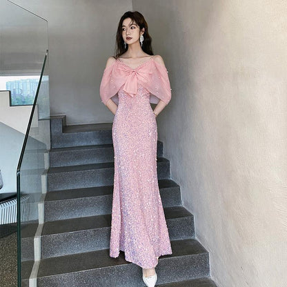Pink evening dress 2025 new style light luxury niche New fishtail skirt female host graduation adult ceremony