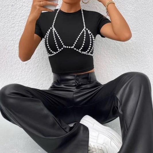 F4870Y 2025 vest sexy versatile pearl chain splicing neck halter top chest wrap small vest body chain