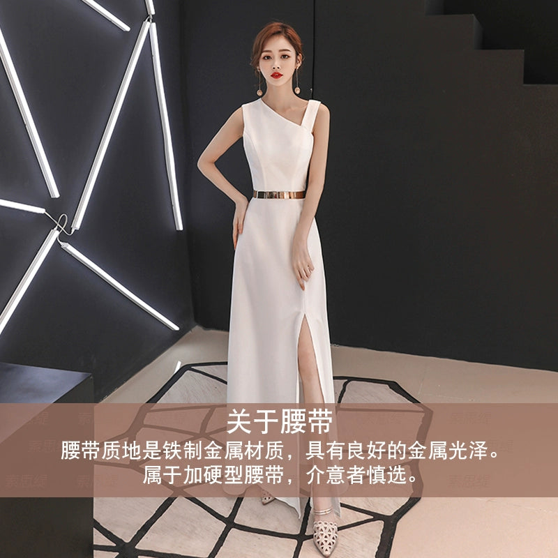 White evening dress skirt women  new banquet temperament simple and generous birthday party host can usually wear