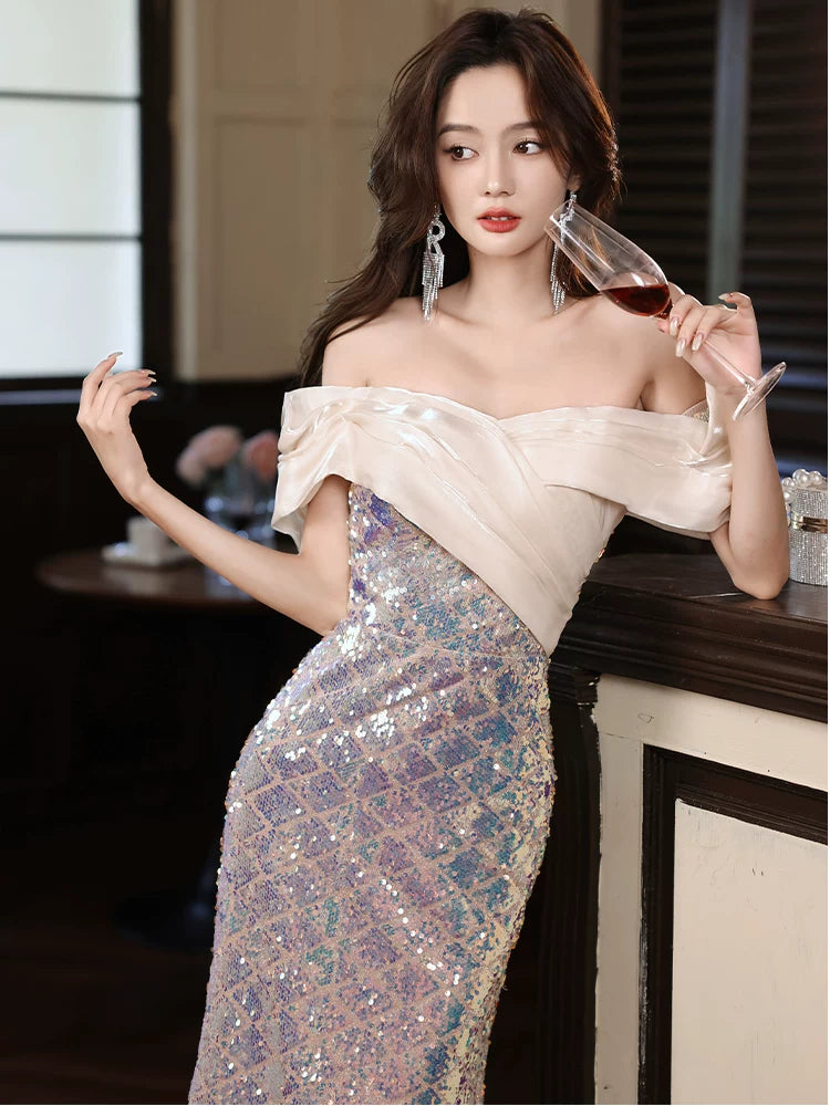 Evening dress new high-end sense light luxury niche high-end hostess fishtail sequined dress one-word shoulder