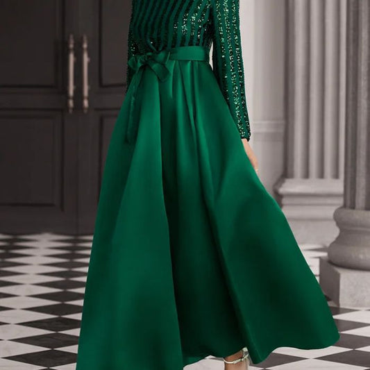 MAOXIANGSHOP popular New new sequins temperament commuting solid color mid-waist red beads host banquet dress evening dress