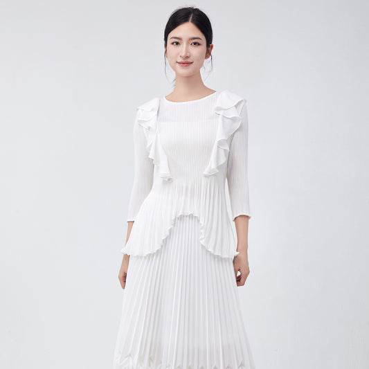 Women's fashionable Popular style top summer new high-end ruffle edge irregular versatile pleated chiffon shirt T-shirt