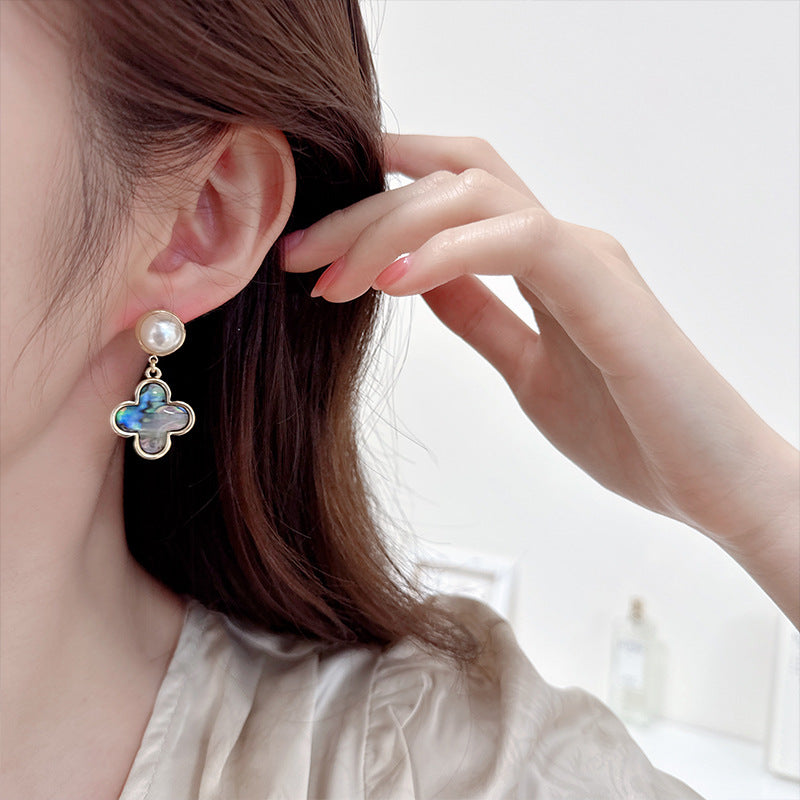 2025 retro colorful abalone shell lucky grass pearl earrings s925 silver needle niche high-end court style earrings