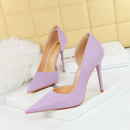 626-1 Korean version fashionable and simple pedicure, thin heel, super high heel, shallow mouth, pointed side hollow single shoes, women's high heel