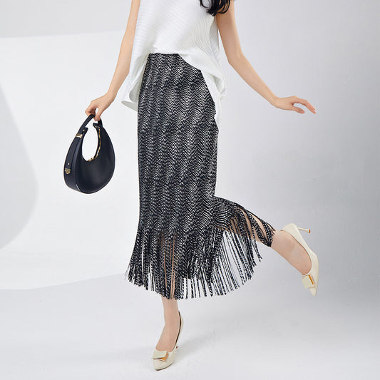 Shenzhen Nanyou women's clothing Sanzhai hot-selling fringed hip-wrapped skirt medium and long temperament versatile bronzing step skirt