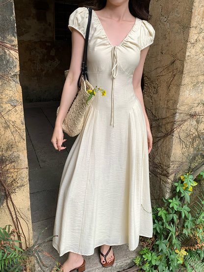 2025 Thirteen Lines  Summer New Temperament Pure Desire High Waist Lace-up Short Sleeve Dress Children 88258