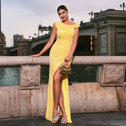 2025 temperament chest wrapping sexy long sequined sleeveless crew neck banquet evening dress bridesmaid dress women