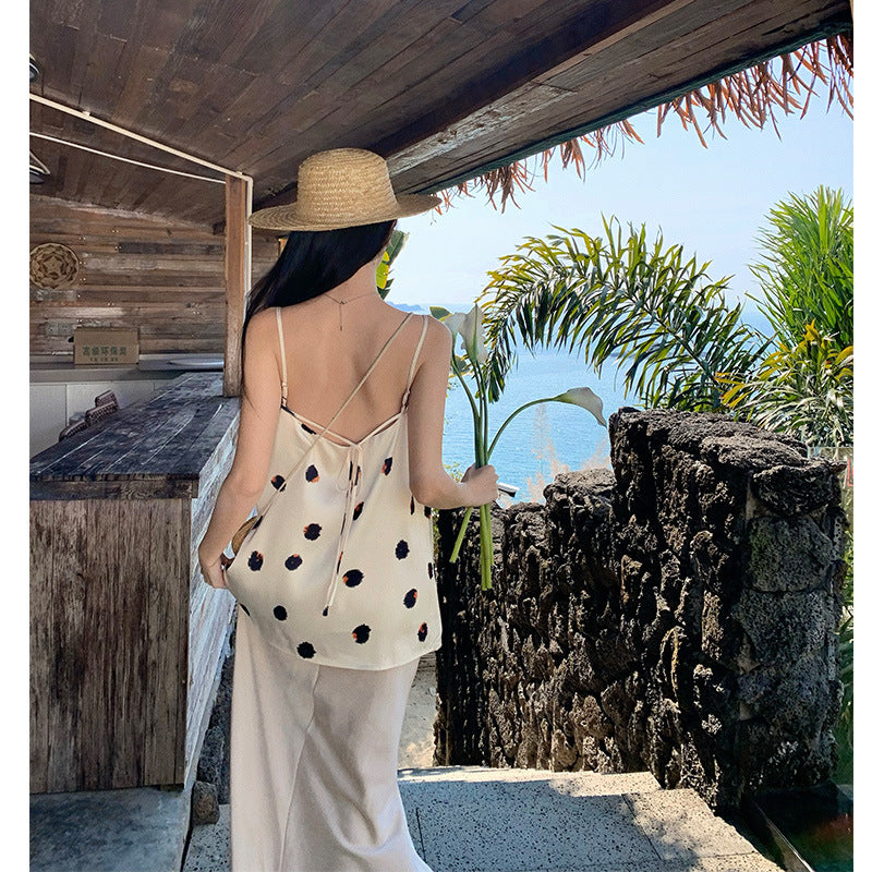 Holiday style suit  temperament socialite polka dot suspender top satin skirt summer dress with a complete set of women