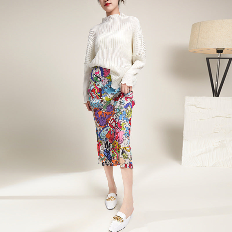 Folded Japanese printed skirt skirt women's wholesale temperament long small split style one-step skirt