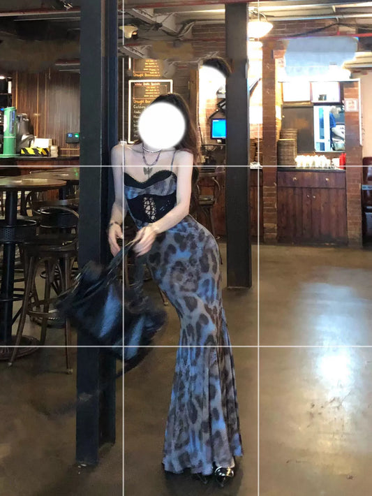 Leopard print one-word shoulder royal sister style elegant sexy spice girl lace suspender dress women's spring and autumn waist fishtail dress