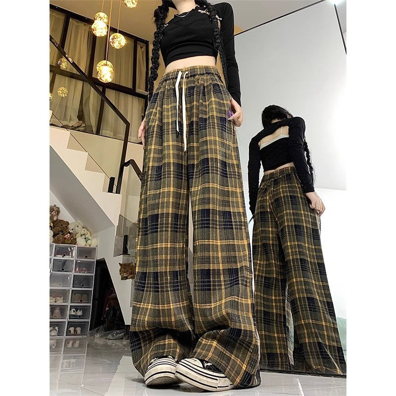 maoxiangshop-shop fall outfits aesthetic Retro Brushed Plaid Casual Pants Women's Autumn New High Waist Straight Pants Slimming Wide Leg Mop Long Pants