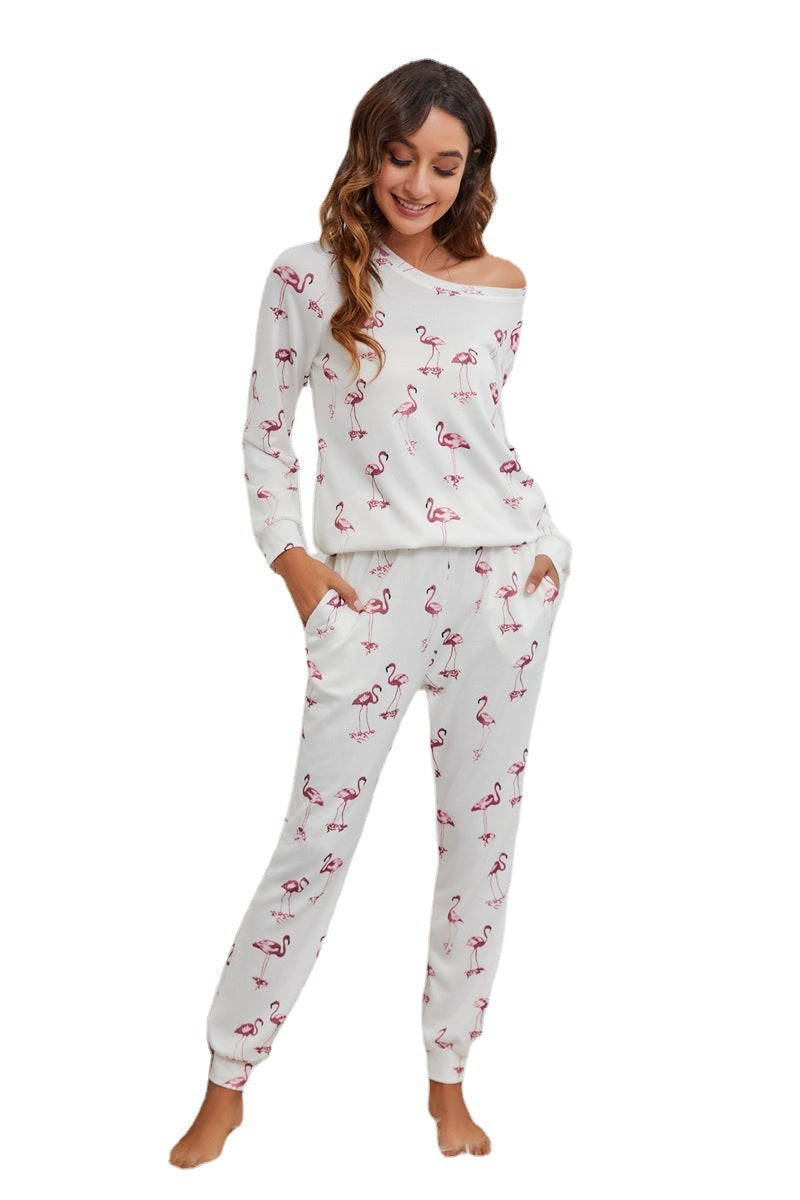MAOXIANGSHOP 2025Spring and summer new  wish swan print round neck long sleeve pocket trousers casual suit home pajamas women