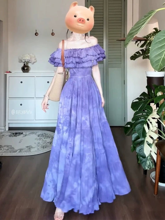 pure desire wind ruffle leaf edge shoulder dress women's  summer new waist big skirt dress long dress