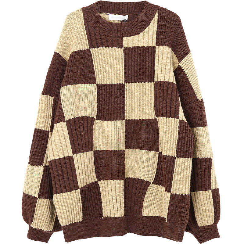 maoxiangshop-shop fall outfits aesthetic Chessboard Plaid Sweater for Women 2024 Autumn and Winter New Design Sense Niche Top Retro Japanese Style Lazy Style Sweater