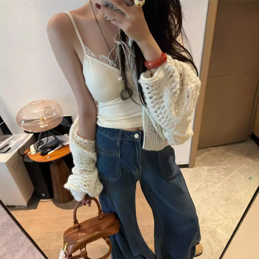 maoxiangshop y2k outfits Early Autumn French Lace Top Inner Base Shirt Sling Women's Sweet and Spicy Style with Chest Pad Sexy Lace Base Shirt