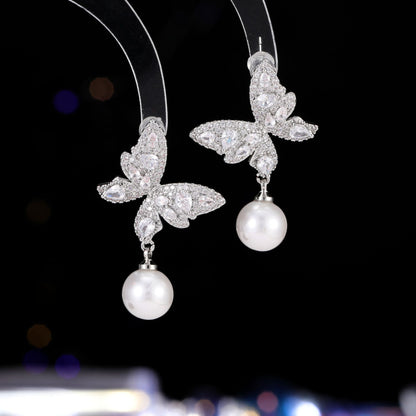 2025 super fairy butterfly pearl earrings women's s925 silver needle light luxury high-end inlaid zircon celebrity sweet earrings