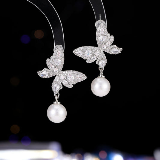 2025 super fairy butterfly pearl earrings women's s925 silver needle light luxury high-end inlaid zircon celebrity sweet earrings