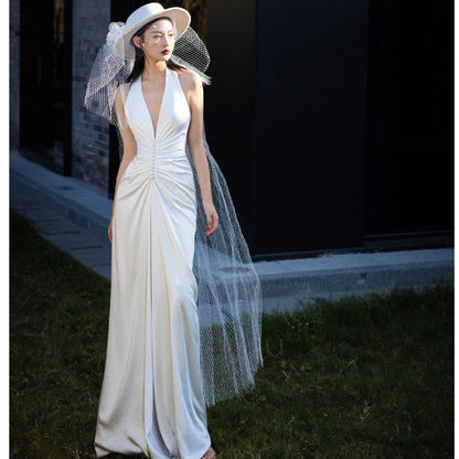 2025 light wedding dress slim bride wedding welcome v-neck sexy travel photography simple annual meeting dinner neck dress