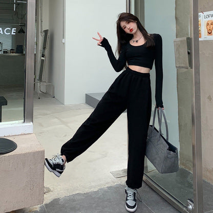 maoxiangshop-shop clothes Gray Sports Pants for Women Spring and Autumn New High Waist Loose Wide Leg Pants Ankle-Tied Sweatpants Slim Casual Pants Straight Pants