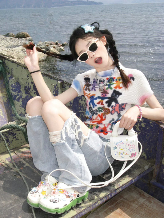 Artist original printing atmosphere thin short sleeves white color graffiti tee summer T-shirt top women
